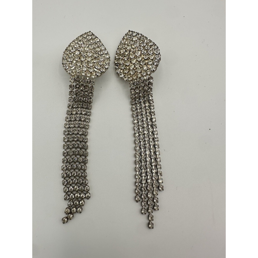 Vintage Rhinestone Tassel Earrings Silver Tone - Picture 1 of 5